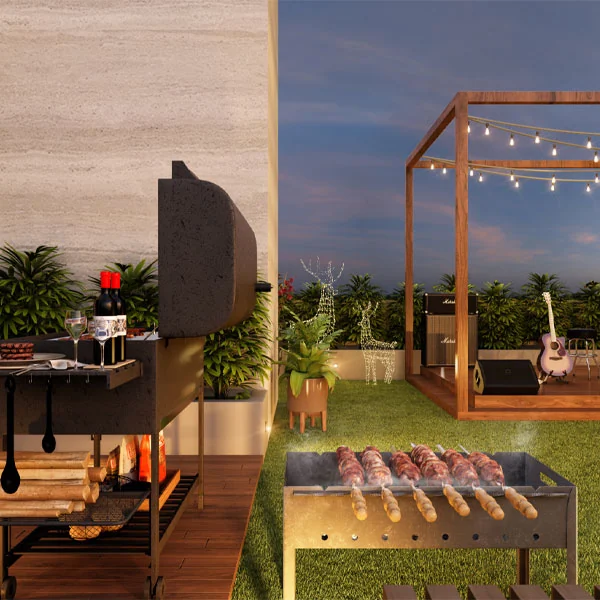 CKPC Horizon, Sarjapura Road Barbecue deck and lawn at CKPC Horizon at dusk, developer render